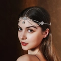 Vintage silver rhinestone head chain jewelry for parties with tassels and flower detail - Silver (HS-J6792S)