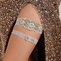 Elegant white lace wedding garter set with sparkling rhinestones and imitation pearls - Luxury Floral Lace Pearl 2Pcs Set (GS-J031S)