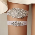 Lace bridal garter set with sparkling rhinestones and white pearls on stretch fabric - Wide Radial Floral Full Rhinestone 2Pcs Set (GS-J021)