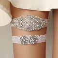 Elegant bridal garter set featuring white lace with luxury rhinestones and pearls - Vintage Symmetrical Floral Pearl 2Pcs Set (GS-J020)