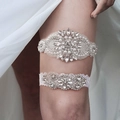 Luxe bridal garter set with sparkling rhinestones and white pearls on sheer lace - Sheer Mesh Shell Texture 2Pcs Set (GS-J019)