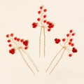 Detailed macro shot of three handmade gold wire U-shaped hairpins with red roses - Red Rose Style (HS-J6440ERD)