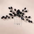 Detailed close-up of retro black crystal beads on silver metal bridal hair comb - Vintage Branch Style (HS-J7129BLK)