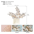 Detail view of gold bridal hair comb with rhinestone leaves and product dimensions - Leaf Shape (HS-J7124G) / Gold