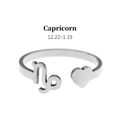 Detail view of Capricorn zodiac sign and heart on silver adjustable stainless steel ring - Capricorn (RS-J1290S)