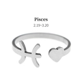 Detailed close-up of silver Pisces zodiac open ring featuring heart and constellation sign - Pisces (RS-J1292S)