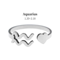 Detail of silver Aquarius open ring with heart element and zodiac wave engraving - Aquarius (RS-J1291S)