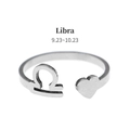 Detail view of silver Libra zodiac ring featuring a heart symbol and adjustable opening - Libra (RS-J1287S)