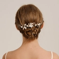 Elegant bridal hair comb with white flowers, golden leaves and crystals for wedding hairstyles - Long Strip Shape Flower Hair Pin (HS-J7135G) / Gold