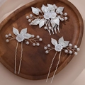 Elegant bridal floral hair comb and pins set with silver leaves and white faux pearls - Hs-j7133s