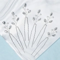 Detailed set of 6 silver bridal hair pins with marquise rhinestones and pearls - Silver