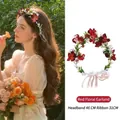 Bohemian floral headband with red silk flowers and ribbons, size details 46cm and 31cm - Red