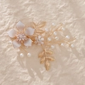 Fermaglio per capelli da sposa con fiore bianco, foglie dorate e perle eleganti - Stile Foglia e Fiore Grande (HS-J5570) / Oro