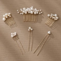 6-piece bridal hair jewelry set with gold pearl combs and pins on a warm background - Hs-j6909g