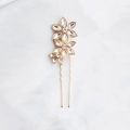 Elegant gold bridal hair pin with three crystal flower motifs for wedding hairstyles - Gold Blooming Flower Style (HS-J5902)