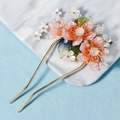 Elegant U-shaped hair pin with pink resin peach blossoms and green leaves on marble - Pink-Orange Gradient Floral Style (HS-J6740)