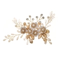 Elegant bridal hair clip with white enamel flowers, pearls, and gold leaves for weddings - Enamel White Flower Style (HS-J7184G)