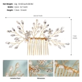 Dimensiones detalladas del peine de novia con primeros planos de perlas y pedrería - Dorado HS-J7209G