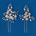 Silver floral hair pins set with white pearls and crystals on dark blue background - Silver-White Pearl Floral Style (HS-J6794S)