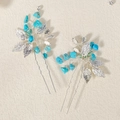 Elegant pair of vintage blue crystal hairpins with silver metal leaves for wedding hairstyles - Light Blue Crushed Stone Vintage Style (HS-J6842S)