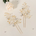Elegant bridal hair pins with golden leaves, pearls and amber beads in a two-piece set - Amber Beaded Style (HS-J6889G)