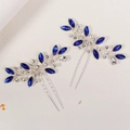 Detail of silver leaf bridal hair pin set with navy blue marquise-cut rhinestones - Deep Blue Marquis Rhinestone Style (HS-J7147SBLUE)