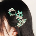 Set de horquillas vintage doradas con hojas de esmalte verde y perlas blancas - Estilo Perla de Hoja Verde (HS-J6521)