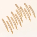 Set of 10 elegant gold metal hair clips with sparkling rhinestone inlay for women - Silver White Row Rhinestone Style (HS-J6423)