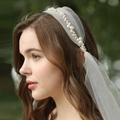Short bridal veil with pearl headband and elegant white soft tulle for wedding parties - Pearl Headband Tulle Veil (HS-J6434)