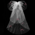 Short pink bridal veil featuring a large white bow with a pink gem and ribbon detail - Dreamy Heart Gem Headpiece (HS-J7183WHITE)