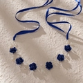 Handmade royal blue floral bridal headband with white pearls and satin ribbons - Hs-j6991sblue (blue)