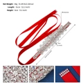 Macro detail of red satin bridal belt with heavy rhinestone floral pattern and dimensions - Red