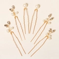 5-piece gold U-shaped hair pins set with white pearls and sparkling crystal marquise - 6 Pieces Simple Style (HS-J6484)