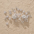 Elegant silver bridal hair comb with handcrafted crystal flowers and white pearls - Floral Cluster Large Comb Style (HS-J6476)