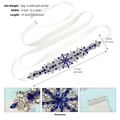 Deep blue and silver crystal bridal belt with 27.5cm floral rhinestone appliques on white ribbon - Blue
