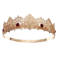 Detailed view of baroque vintage gold crown with intricate carving and deep red gems - Hollow Carved Style (TS-J3046GRED) / Red