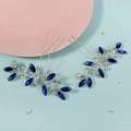 Set of two elegant blue leaf bridal hair pins with crystals and silver wire - Dark Blue Leaf Hair Pin 2-Piece Set (HS-J7147SBLUE)