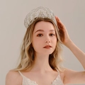 Elegant silver star crown tiara with sparkling rhinestones and white pearls for bridal wear - TS-J3117S