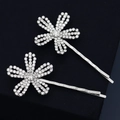 Set of two silver flower hair clips with sparkling rhinestones on a black background - HS-J6414