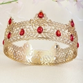 Vintage gold baroque crown with red teardrop gemstones and intricate floral alloy design - Red Gemstone Style (TS-J3343GRED) / Red