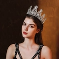 Luxurious silver bridal tiara with sparkling crystal rhinestones worn by a model - TS-J3160S