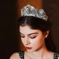 Elegant silver bridal tiara with pear-cut crystals and intricate feather metal patterns - TS-J3116S