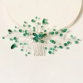 Pettine per capelli fatto a mano con cristalli verdi e filo d'argento per matrimoni - Stile Cristallo Radiale (HS-J6472)