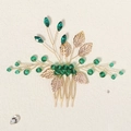 Pettine per capelli fatto a mano in oro con cristalli verdi e foglie di metallo - Stile Palazzo Vintage a Quattro Denti (HS-J6511G)