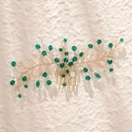 Pettine per capelli dorato fatto a mano con strass verdi e foglie di cristallo da sposa - Stile Ramo Esteso Dorato (HS-J6646G)