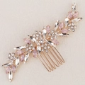 Peigne à cheveux mariée or rose avec cristaux roses au design de feuilles - Style de Feuille Cristal Rose Base Or Rose (HS-J6797G)