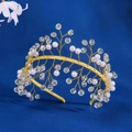 Handmade golden headband with white pearls and crystals on a dark blue background - Champagne Ribbon Bow Branch Style (TS-J3185G)