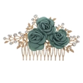 Peigne à cheveux élégant avec roses en tissu vert émeraude, feuilles dorées et cristaux - Vert