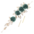 Elegant teal fabric flower hairpiece set with golden leaves and sparkling rhinestones - Headband Set / Green Zirconia Set