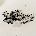 Handcrafted vintage bridal hair comb with black crystal beads and silver metal teeth - Black Forked Beaded Style (HS-J6816BLK)